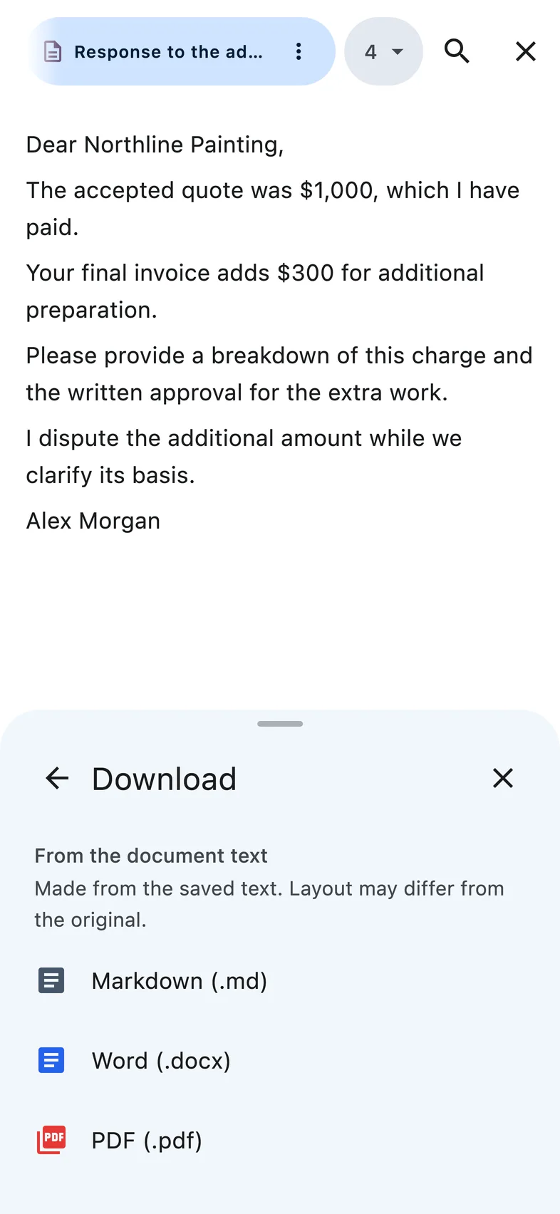 Download your reply as Word or PDF